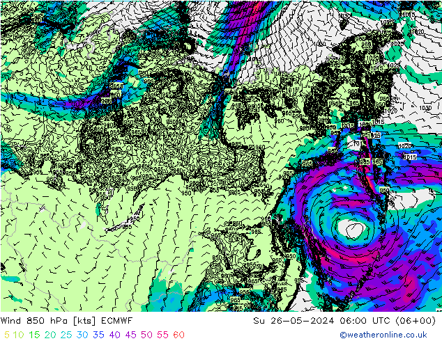 wiatr 850 hPa ECMWF nie. 26.05.2024 06 UTC