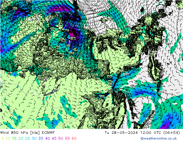 Wind 850 hPa ECMWF Tu 28.05.2024 12 UTC