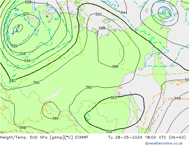 Z500/Rain (+SLP)/Z850 ECMWF Út 28.05.2024 18 UTC