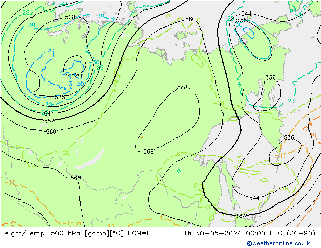 Hoogte/Temp. 500 hPa ECMWF do 30.05.2024 00 UTC