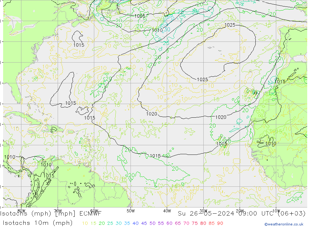 Isotachs (mph) ECMWF Su 26.05.2024 09 UTC