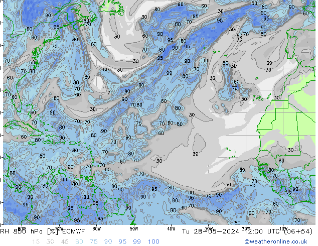 RH 850 hPa ECMWF Tu 28.05.2024 12 UTC