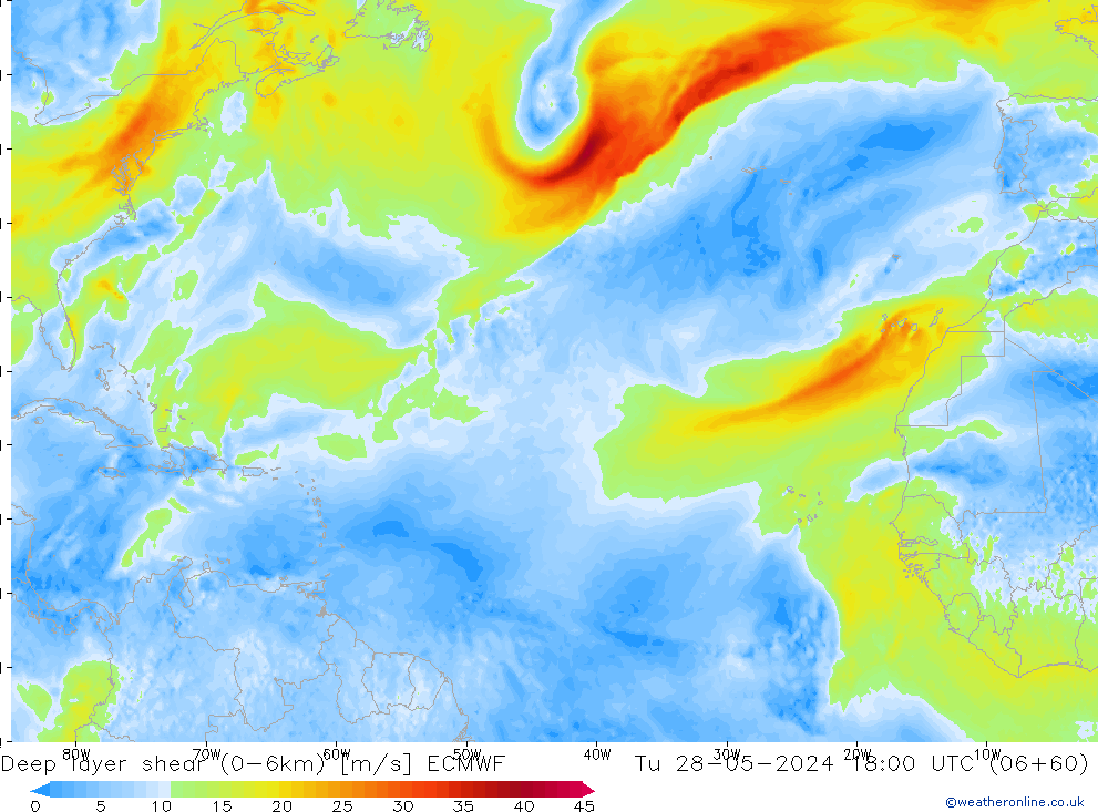 Deep layer shear (0-6km) ECMWF di 28.05.2024 18 UTC