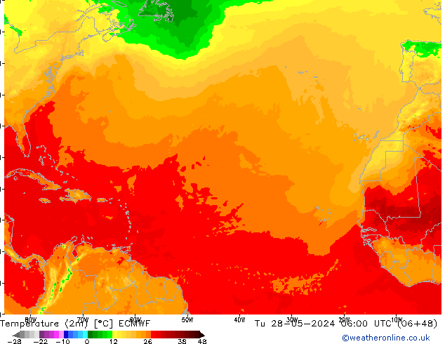 Temperatuurkaart (2m) ECMWF di 28.05.2024 06 UTC