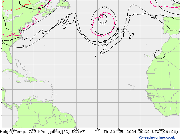 Height/Temp. 700 hPa ECMWF Th 30.05.2024 00 UTC