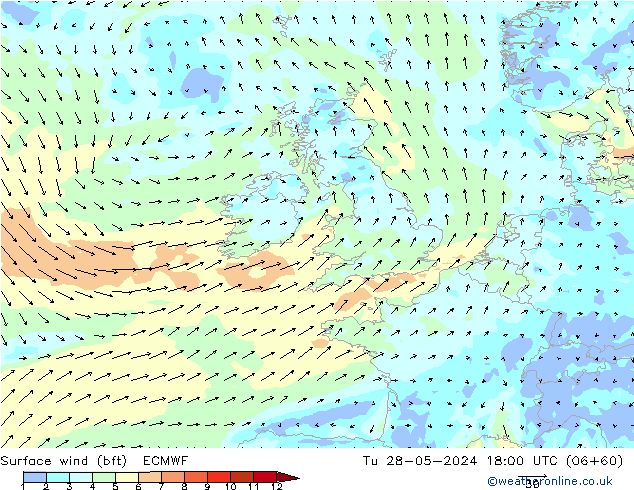 wiatr 10 m (bft) ECMWF wto. 28.05.2024 18 UTC