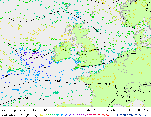 Isotaca (kph) ECMWF lun 27.05.2024 00 UTC