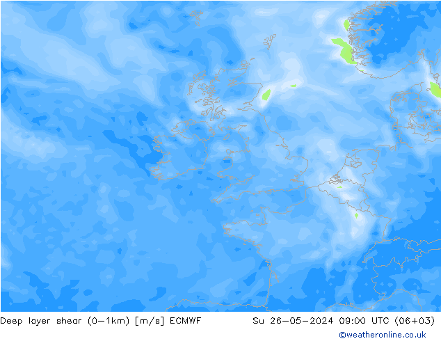 Deep layer shear (0-1km) ECMWF Вс 26.05.2024 09 UTC