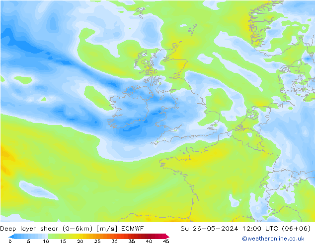 Deep layer shear (0-6km) ECMWF dom 26.05.2024 12 UTC