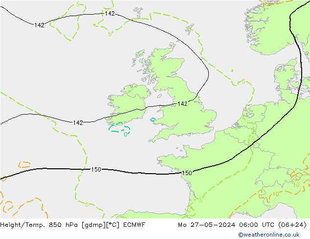 Z500/Rain (+SLP)/Z850 ECMWF Mo 27.05.2024 06 UTC