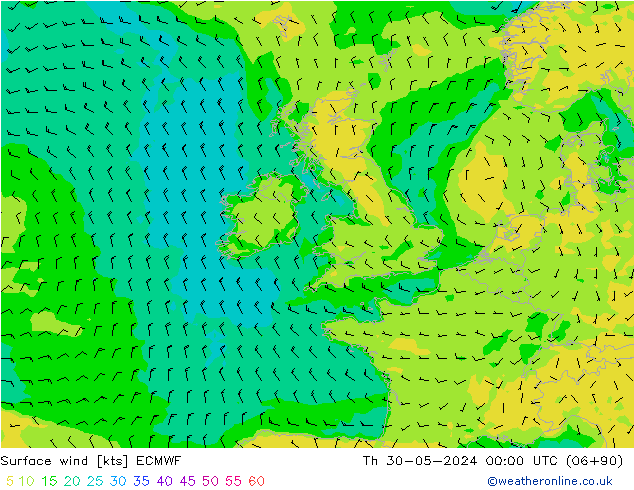 wiatr 10 m ECMWF czw. 30.05.2024 00 UTC