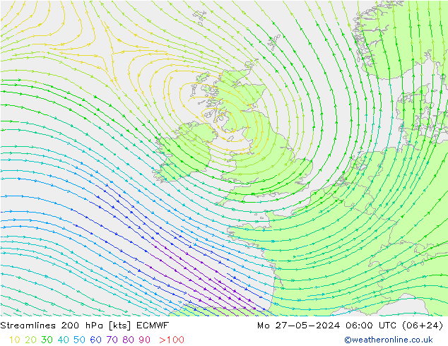 Linia prądu 200 hPa ECMWF pon. 27.05.2024 06 UTC