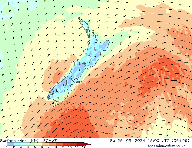 Surface wind (bft) ECMWF Su 26.05.2024 15 UTC