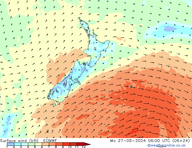 Surface wind (bft) ECMWF Mo 27.05.2024 06 UTC