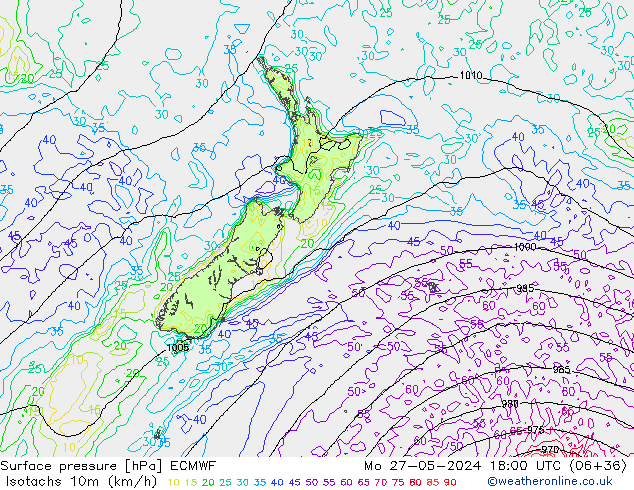 Isotachen (km/h) ECMWF Mo 27.05.2024 18 UTC