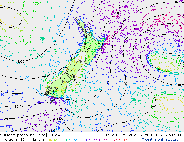 Isotachs (kph) ECMWF Th 30.05.2024 00 UTC