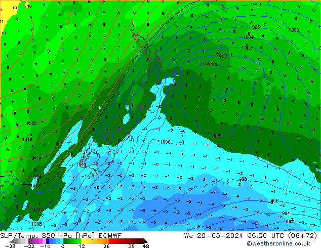 SLP/Temp. 850 hPa ECMWF śro. 29.05.2024 06 UTC