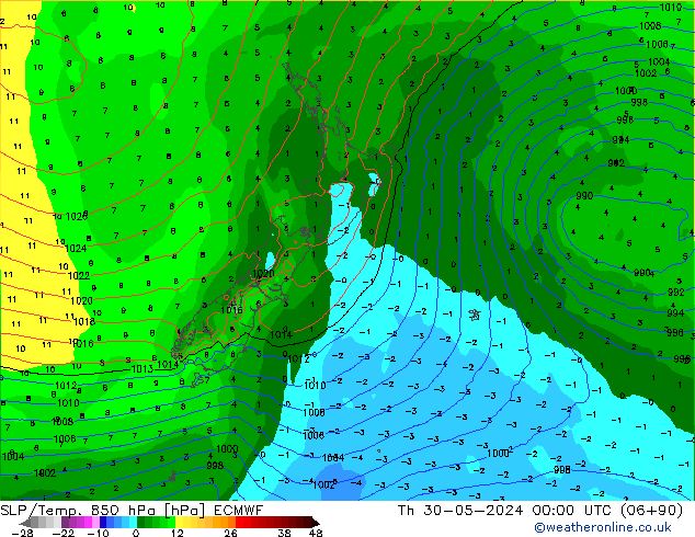 SLP/Temp. 850 hPa ECMWF czw. 30.05.2024 00 UTC