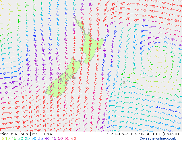 Wind 500 hPa ECMWF Do 30.05.2024 00 UTC