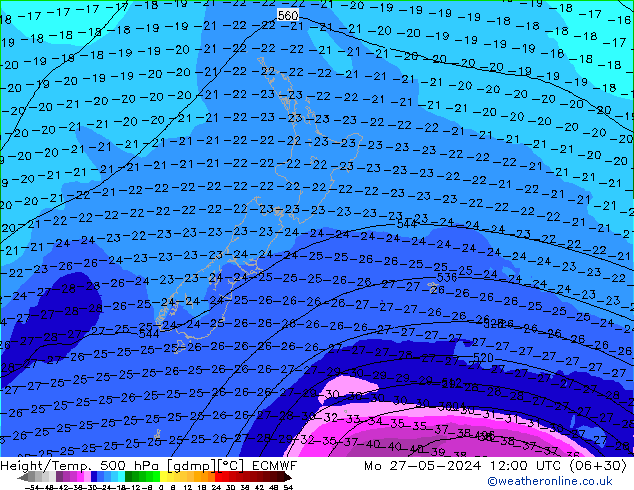 Z500/Rain (+SLP)/Z850 ECMWF  27.05.2024 12 UTC