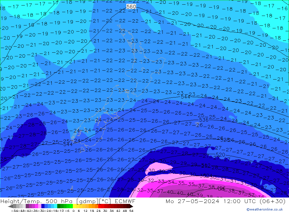 Z500/Rain (+SLP)/Z850 ECMWF  27.05.2024 12 UTC