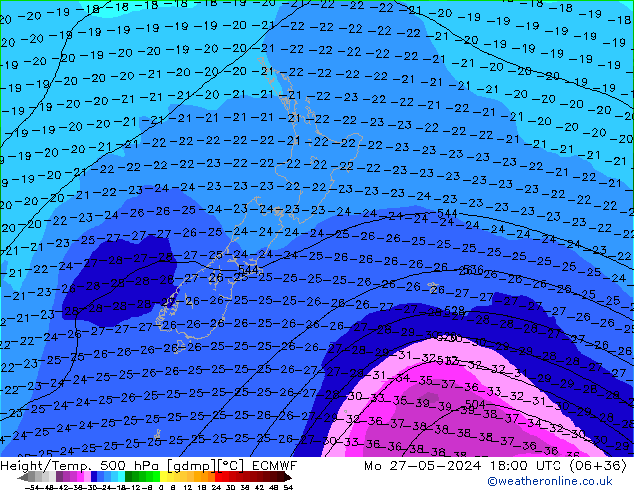 Z500/Rain (+SLP)/Z850 ECMWF lun 27.05.2024 18 UTC