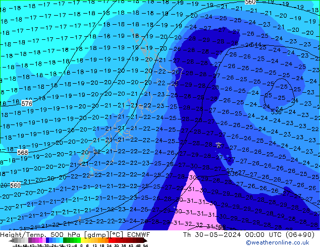 Z500/Rain (+SLP)/Z850 ECMWF  30.05.2024 00 UTC