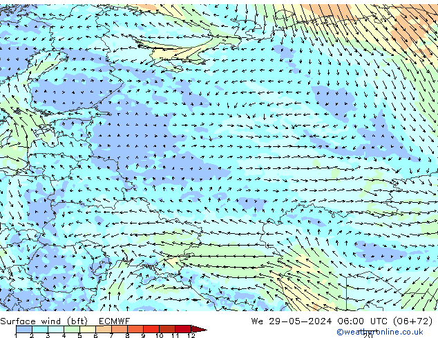 wiatr 10 m (bft) ECMWF śro. 29.05.2024 06 UTC