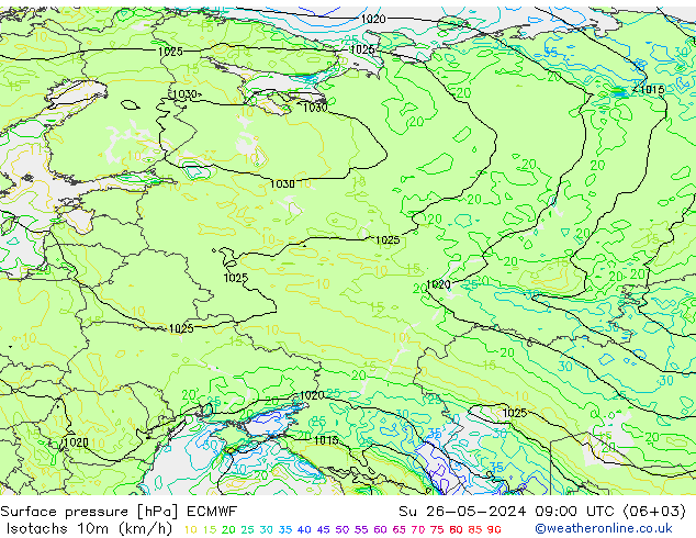 Isotachs (kph) ECMWF dim 26.05.2024 09 UTC