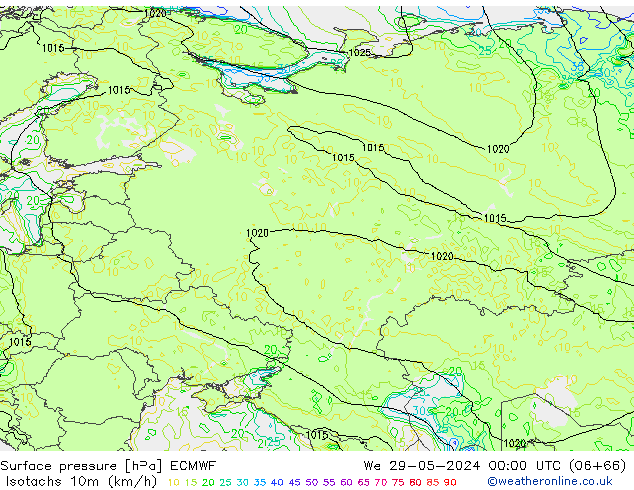 Isotachs (kph) ECMWF mer 29.05.2024 00 UTC