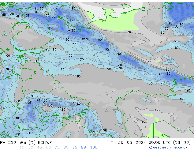 RH 850 hPa ECMWF Čt 30.05.2024 00 UTC