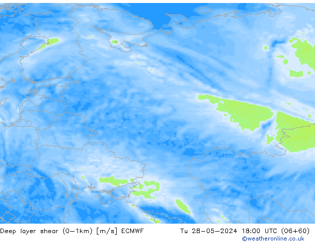 Deep layer shear (0-1km) ECMWF di 28.05.2024 18 UTC