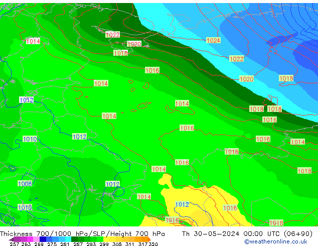 Dikte700-1000 hPa ECMWF do 30.05.2024 00 UTC