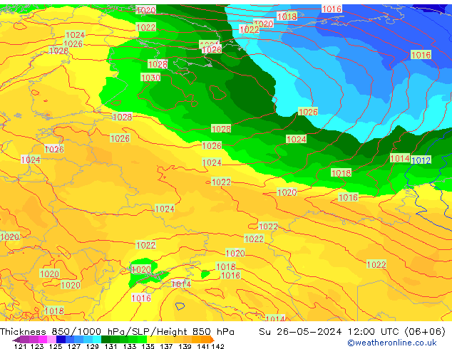 Thck 850-1000 hPa ECMWF Su 26.05.2024 12 UTC