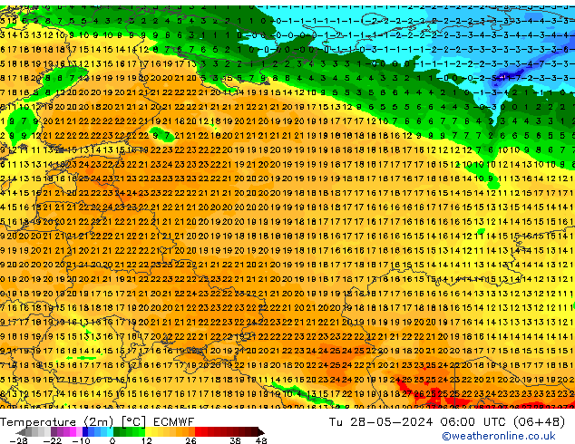 Temperature (2m) ECMWF Tu 28.05.2024 06 UTC