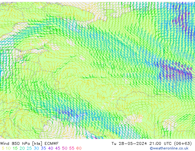 Wind 850 hPa ECMWF Út 28.05.2024 21 UTC