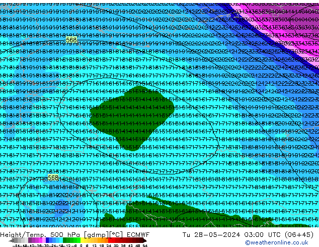 Hoogte/Temp. 500 hPa ECMWF di 28.05.2024 03 UTC