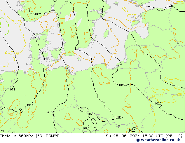 Theta-e 850hPa ECMWF zo 26.05.2024 18 UTC