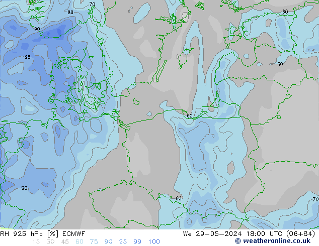 RH 925 hPa ECMWF Qua 29.05.2024 18 UTC