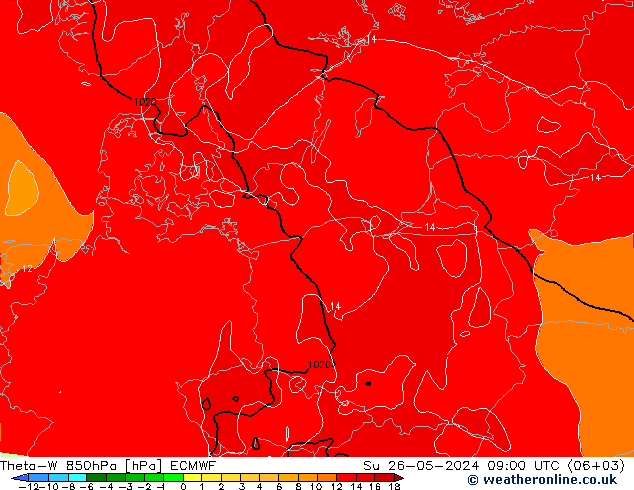 Theta-W 850hPa ECMWF Paz 26.05.2024 09 UTC