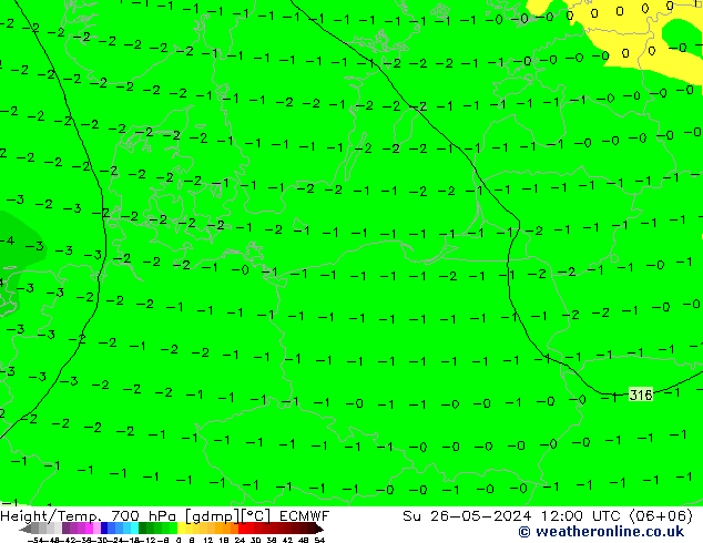 Hoogte/Temp. 700 hPa ECMWF zo 26.05.2024 12 UTC