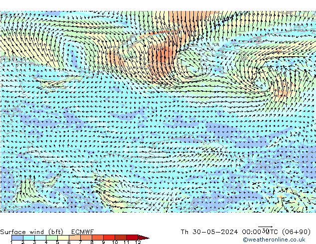 Wind 10 m (bft) ECMWF do 30.05.2024 00 UTC