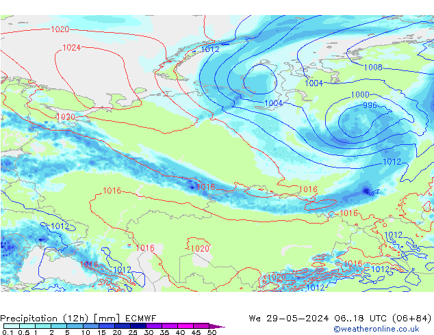 Totale neerslag (12h) ECMWF wo 29.05.2024 18 UTC