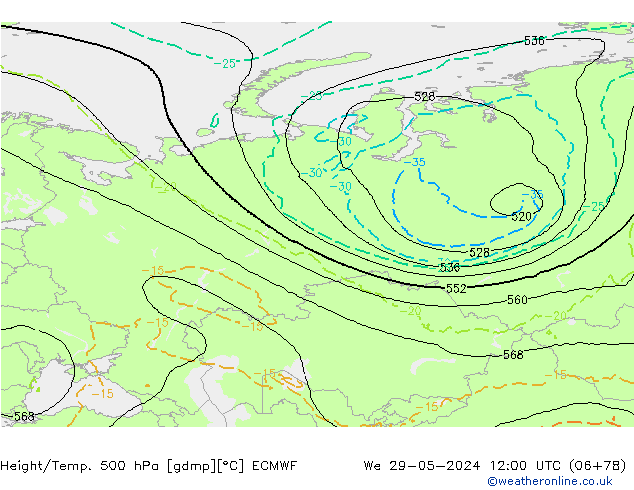 Z500/Rain (+SLP)/Z850 ECMWF śro. 29.05.2024 12 UTC