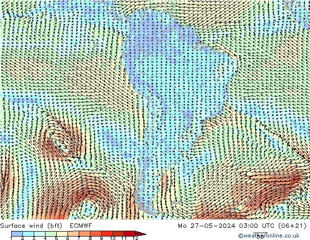 Vento 10 m (bft) ECMWF Seg 27.05.2024 03 UTC