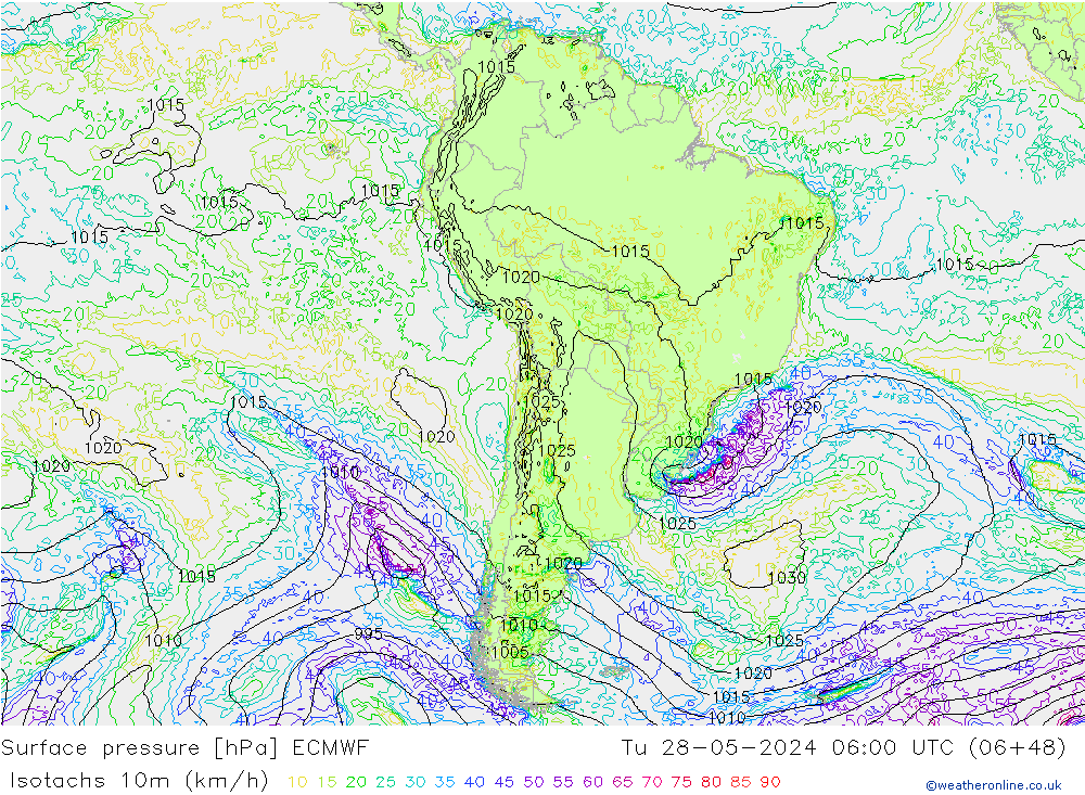 Isotachs (kph) ECMWF mar 28.05.2024 06 UTC