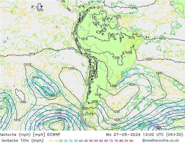 Isotachs (mph) ECMWF Mo 27.05.2024 12 UTC