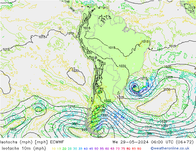 Isotachs (mph) ECMWF Qua 29.05.2024 06 UTC