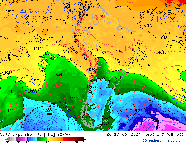 SLP/Temp. 850 hPa ECMWF nie. 26.05.2024 15 UTC