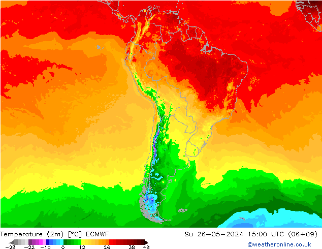 Temperatuurkaart (2m) ECMWF zo 26.05.2024 15 UTC